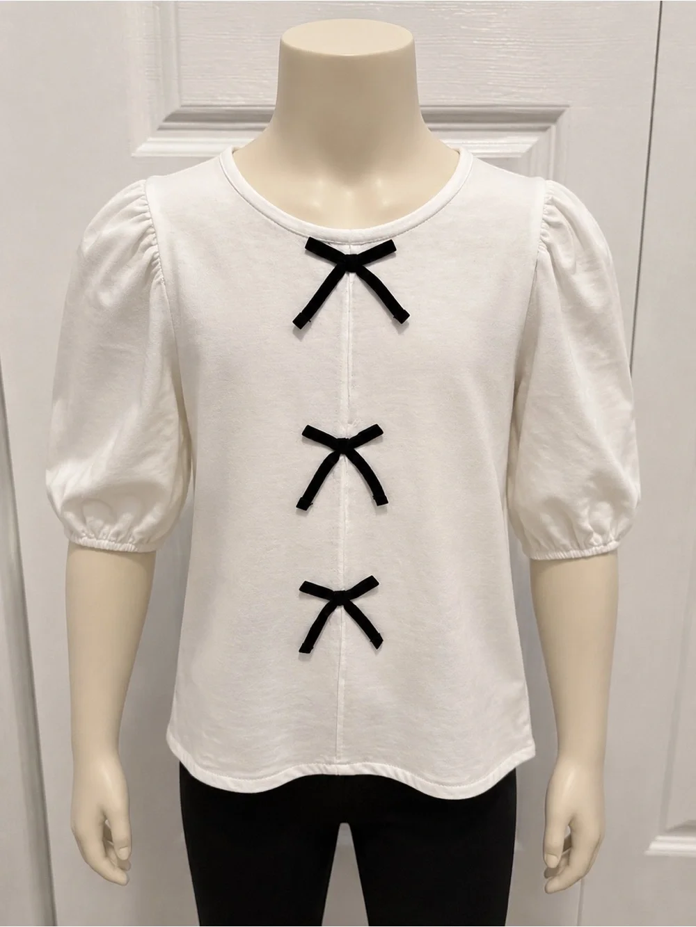 Girls White Puff-Sleeve Top with Black Bow Details